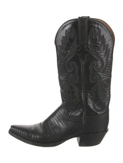 Pre-owned Lucchese Lizard Embroidered Accent Western Boots In Black
