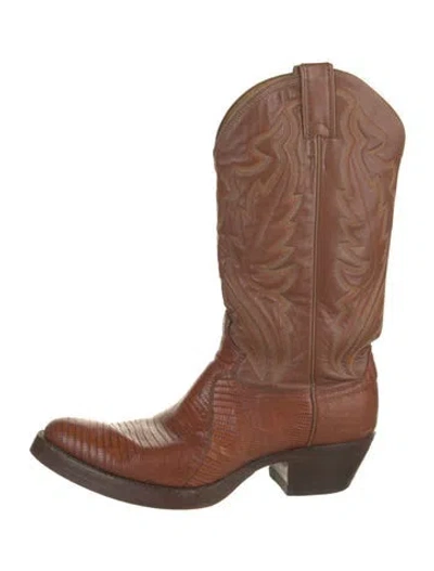 Pre-owned Lucchese Lizard Embroidered Accent Western Boots In Neutral