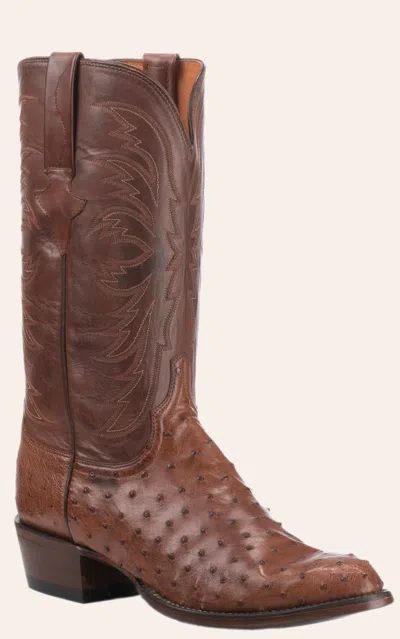 Lucchese Men's Barnwood Tan And Brown Full Quill Ostrich R-toe Exotic Cowboy Boots