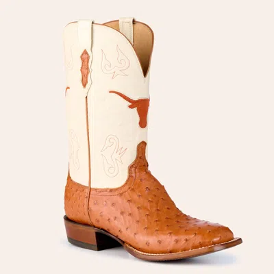 Lucchese Men's Texas Longhorns Cream & Barnwood Full Quill Ostrich Wide Square Toe Cowboy Boots In Multi