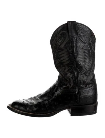Pre-owned Lucchese Ostrich Animal Print Western Boots In Black