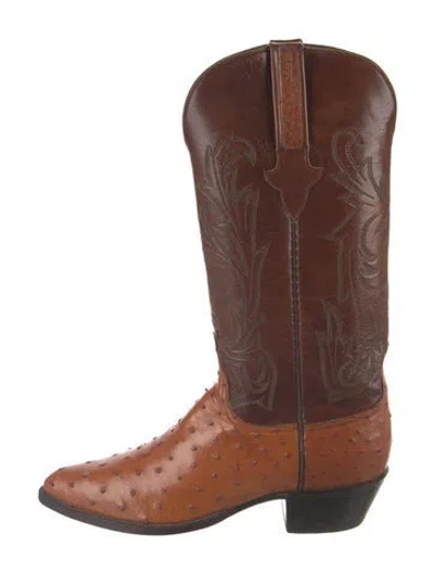 Pre-owned Lucchese Ostrich Animal Print Western Boots In Brown