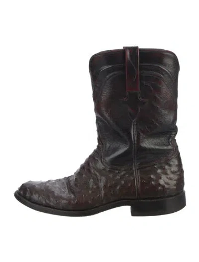 Pre-owned Lucchese Ostrich Animal Print Western Boots In Brown