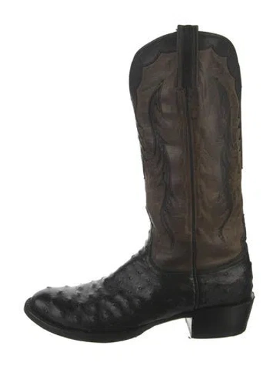 Pre-owned Lucchese Ostrich Animal Print Western Boots In Brown