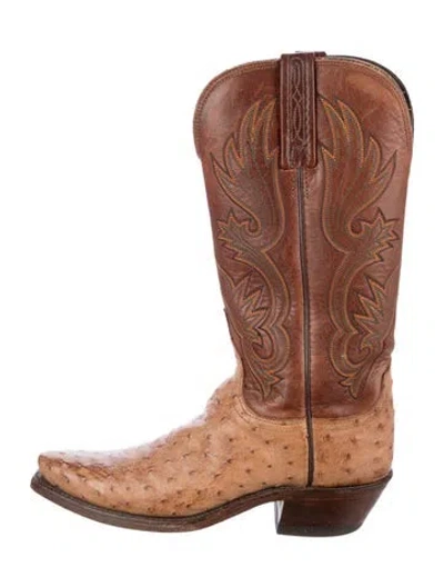 Pre-owned Lucchese Ostrich Animal Print Western Boots In Brown