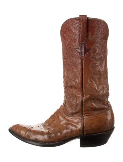 Pre-owned Lucchese Ostrich Animal Print Western Boots In Brown