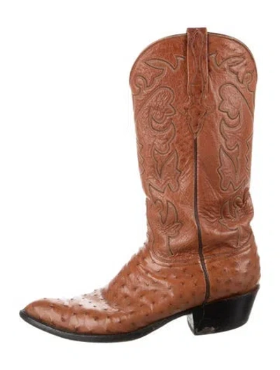 Pre-owned Lucchese Ostrich Animal Print Western Boots In Brown