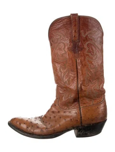 Pre-owned Lucchese Ostrich Animal Print Western Boots In Brown