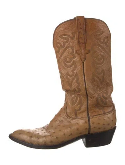 Pre-owned Lucchese Ostrich Animal Print Western Boots In Brown