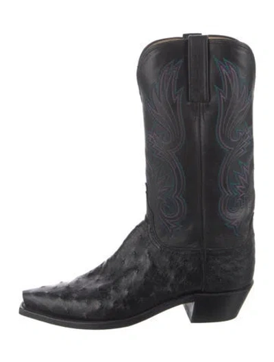 Pre-owned Lucchese Ostrich Embroidered Accent Western Boots In Black