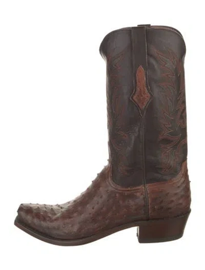 Pre-owned Lucchese Ostrich Embroidered Accent Western Boots In Brown