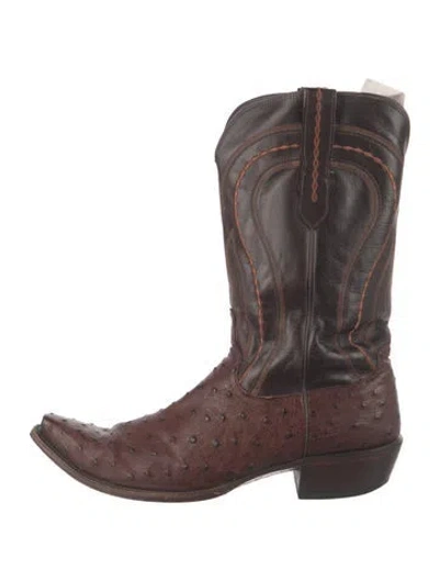 Pre-owned Lucchese Ostrich Embroidered Accent Western Boots In Brown