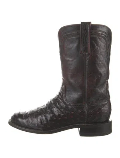 Pre-owned Lucchese Ostrich Embroidered Accent Western Boots In Burgundy
