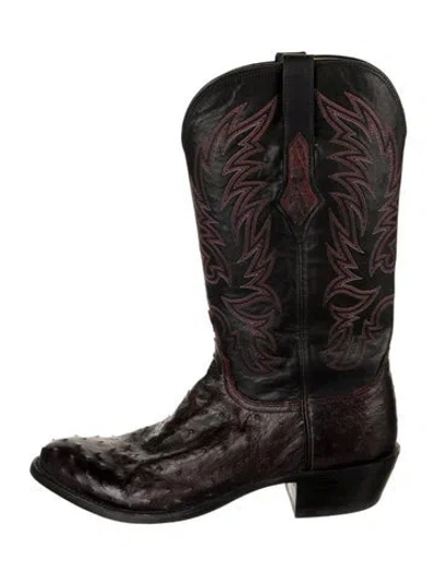 Pre-owned Lucchese Ostrich Leg Animal Print Western Boots In Black