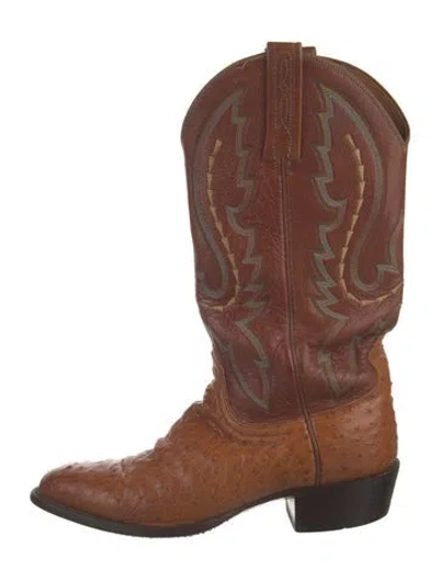 Pre-owned Lucchese Ostrich Patterned Western Boots In Brown