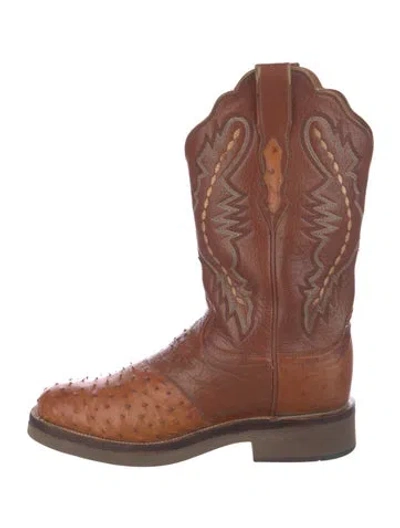 Pre-owned Lucchese Ostrich Patterned Western Boots In Brown