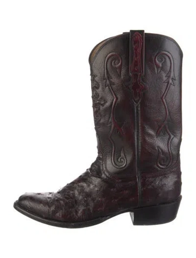 Pre-owned Lucchese Ostrich Patterned Western Boots In Burgundy