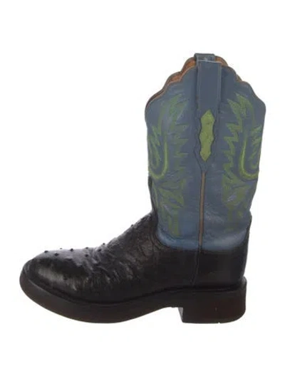 Pre-owned Lucchese Ostrich Printed Western Boots In Blue