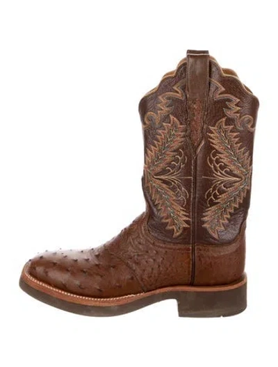 Pre-owned Lucchese Ostrich Printed Western Boots In Brown