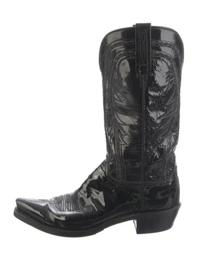 Pre-owned Lucchese Patent Leather Embroidered Accent Western Boots In Black