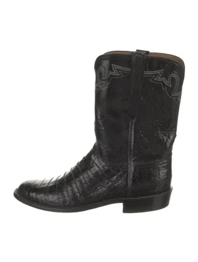 Pre-owned Lucchese Patent Leather Embroidered Accent Western Boots In Black