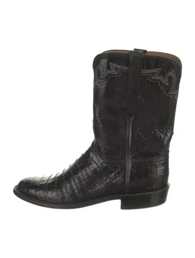 Pre-owned Lucchese Patent Leather Embroidered Accent Western Boots In Black