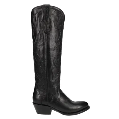 Pre-owned Lucchese Peri Tall Shaft Tooledinlay Round Toe Cowboy Womens Black Dress Boots