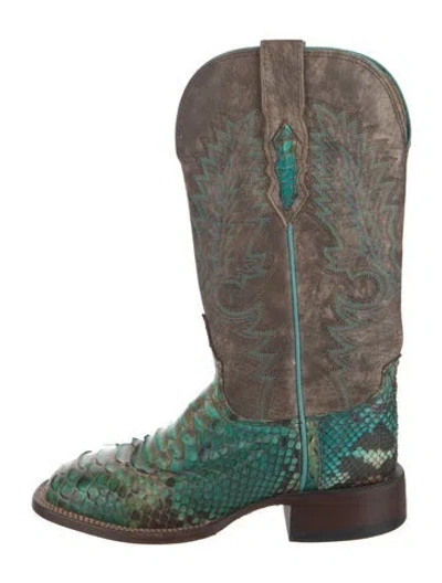 Pre-owned Lucchese Python Animal Print Western Boots In Green