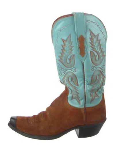 Pre-owned Lucchese Suede Colorblock Pattern Western Boots In Green