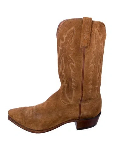 Pre-owned Lucchese Suede Embroidered Accent Western Boots In Brown