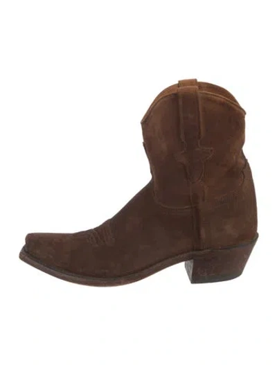 Pre-owned Lucchese Suede Embroidered Accent Western Boots In Brown