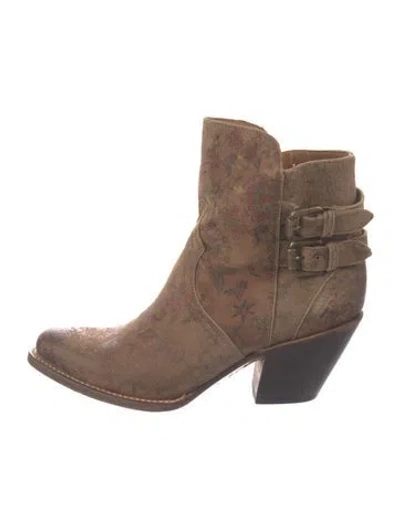 Pre-owned Lucchese Suede Floral Print Western Boots In Brown