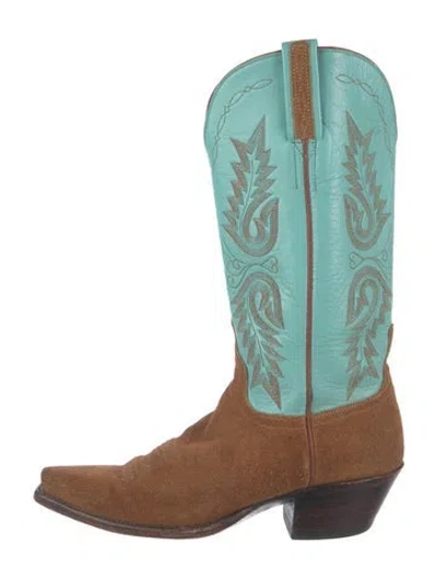 Pre-owned Lucchese Suede Printed Western Boots In Blue/neutrals