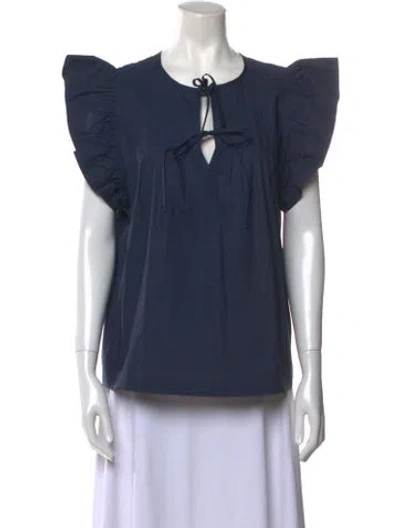 Pre-owned Lucchese Tie Neck Short Sleeve Blouse W/ Tags In Blue