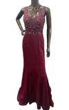 Lucci Lu Beaded Mesh Bodice Gown In Cherry In Red