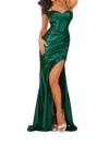 Lucci Lu Fitted Stretch Satin Corset Sweetheart Twist Prom Gown In Emerald In Gold