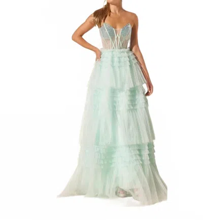 Lucci Lu Glitter Strapless A-line Tiered Gown In Mint In White