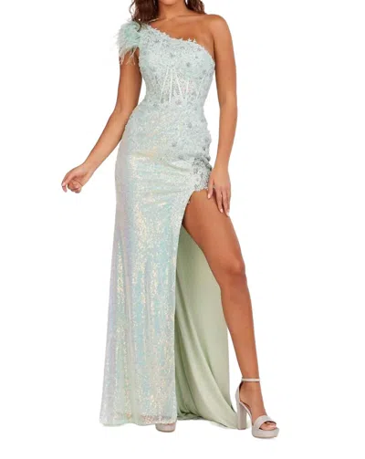 Lucci Lu One Shoulder With Feather Detail Leg Cut Out Prom Gown In Mint In Green