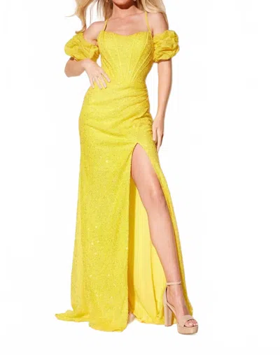 Lucci Lu Sequin Fitted Puff Sleeve Slit Gown In Yellow