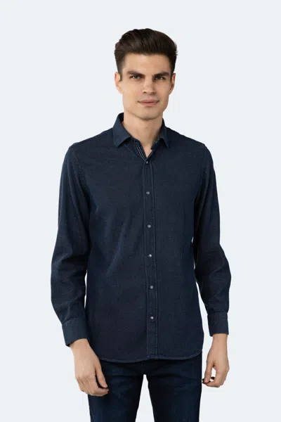 Luchiano Visconti Denim Blue/grey Jacquard Woven Solid Shirt