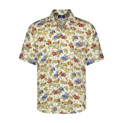 Luchiano Visconti Men's Car Print Short Sleeve Shirt In White, Green, And Blue In Neutral