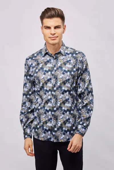 Luchiano Visconti Navy With White Checks, Boxes, And Circles Shirt In Blue