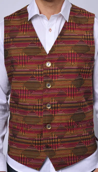 Luchiano Visconti Red And Khaki Vest With Triangular Jacquard Design In Brown