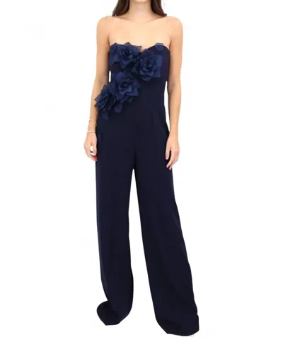Lucian Matis Floral Spray Strapless Jumpsuit In Navy In Blue