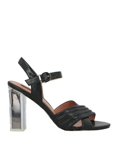 Luciano Barachini Woman Sandals Black Size 7 Leather, Textile Fibers