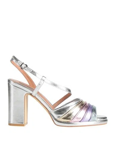 Luciano Barachini Woman Sandals Silver Size 9 Leather, Textile Fibers