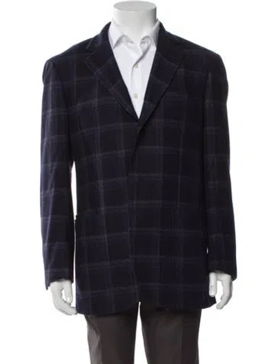 Pre-owned Luciano Barbera Leather Plaid Print Sport Coat In Blue