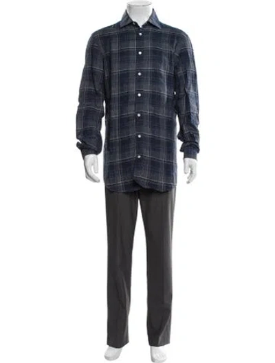 Pre-owned Luciano Barbera Linen Plaid Print Shirt W/ Tags In Blue