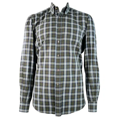 Pre-owned Luciano Barbera Size 44 Blue Olive Plaid Cotton One Pocket Long Sleeve Shirt