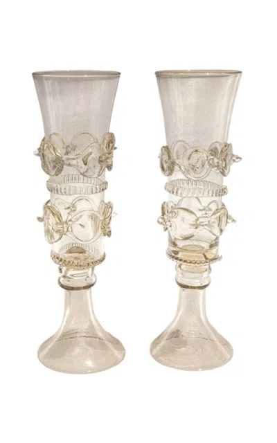 Lucie Claudia Podrabska - Pair Of Mouthblown Champagne Flute - Dots Spirals - Clear In Multi